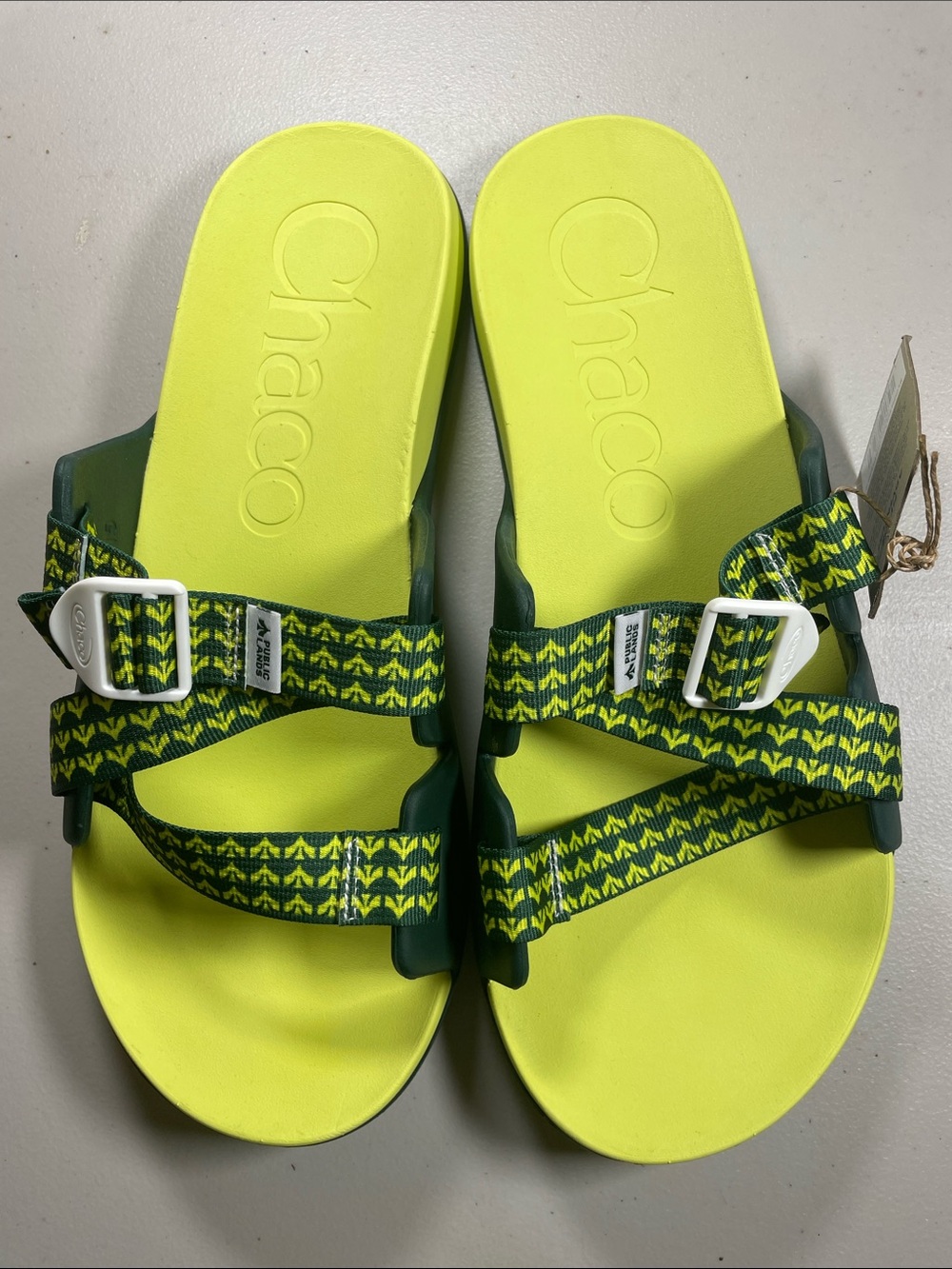 Chaco Men's Slide Sandals in Neon Yellow Footbed & Dark Green Patterned Straps